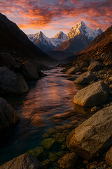 Obraz premium Beautiful mountain landscape river rocks sunset scenic view nature photography travel destination outdoors