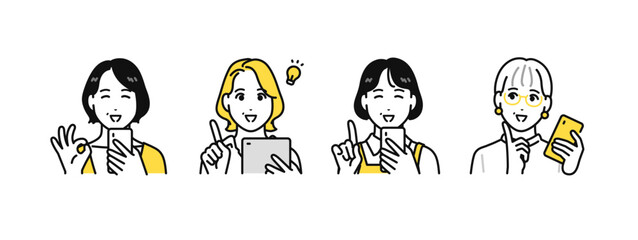 スマホやタブレットなどのデジタル機器を見て喜ぶ中年女性のシンプルなアイコンセット