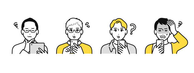 スマホトラブルに困る中年男性のアイコンセット
