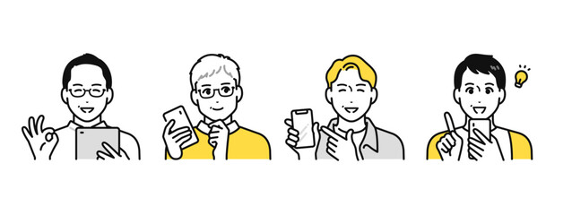 デジタル活用で笑顔になる中年男性のスマホ活用アイコンセット