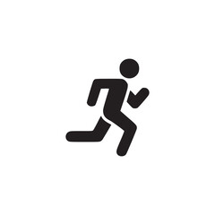 A simple black and white image showcasing a running figure icon on a plain white background design art