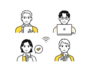スマートフォン タブレット パソコン 中年男女 イラスト アイコン