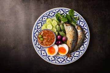 A set of thai cuisine shrimp paste dip with fried mackerel ,soft boiled eggs and set of vegetables