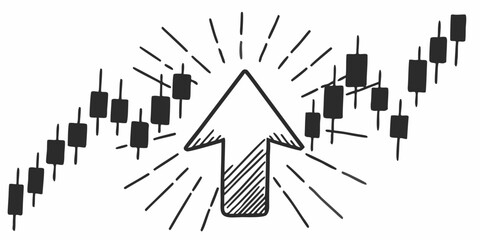 Upward trending stock market chart with candlestick patterns and a rising arrow pointing upwards