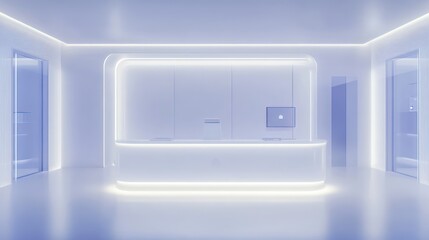 Futuristic reception area with sleek, glowing desk