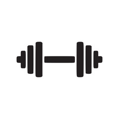 A simple black dumbbell icon centered on a plain white background for fitness and exercise themes use
