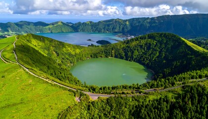 Panoramic view of a volcanic crater lake. Lush green landscape surrounds a tranquil lake