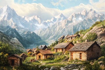 Obraz premium Stone houses forming a rural settlement nestled in a valley, surrounded by towering, snow capped mountains under a clear sky