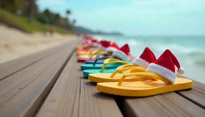 Flip flops and Santa hats on a sandy beach, surrounded by palm trees and seashells, celebrating a tropical Christmas