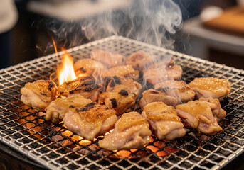 炭火香る絶品鶏肉グリル：食欲そそる炎と煙の瞬間