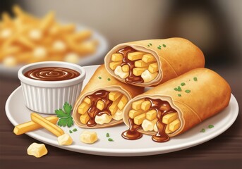 Deliciously prepared fish and chips wrapped in a golden brown tortilla, served with a side of dipping sauce and garnished with fresh parsley