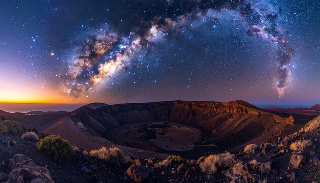 Panoramic view of a volcanic crater under a vibrant night sky, with the Milky Way prominent