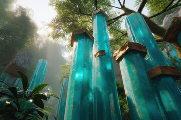 Enchanted forest where tree trunks transform into translucent glass columns, sunlight refracting through morning mist in green and gold tones