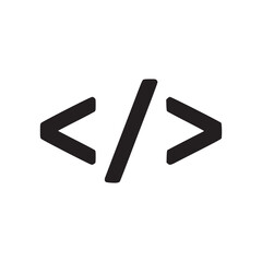 A simple black code symbol on a white background representing programming and software development work