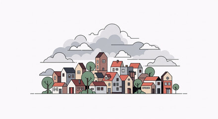 Minimalist Vector Illustration of a Peaceful Village with Colorful Houses, Trees, and Cloudy Sky