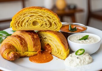 Golden brown croissants served with two dips and a side of creamy spread, closeup shot