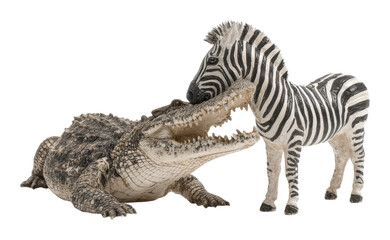 Naklejka premium Crocodile and zebra playful interaction animal figurines isolated on transparent background