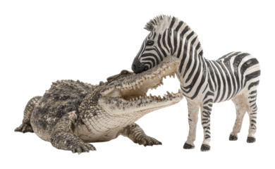 Crocodile and zebra playful interaction animal figurines isolated on transparent background