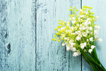 Obraz premium bunch of lily of the valley flowers on faded blue table, directly above