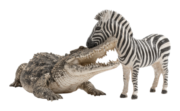 Crocodile and zebra playful interaction animal figurines isolated on transparent background