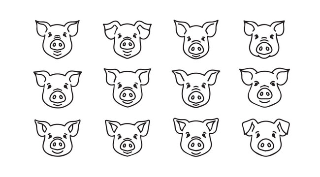 Collection of cute pig faces expressing different emotions and styles for agricultural or farm themes vector