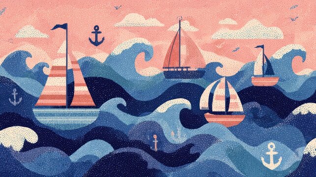 Vibrant Abstract Seascape with Sailboats and Waves at Sunset