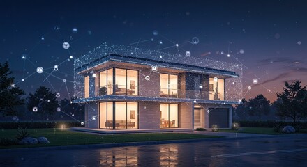 Modern home with smart technology integration at dusk, representing future living and home automation, perfect for real estate marketing and innovative technology campaigns