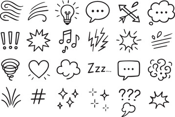 Manga comic expression element set hand drawn emotion and motion doodles with speech bubbles, stars, swirls, lightning bolts and music sound icons for comics and media vector © arraygraphic1