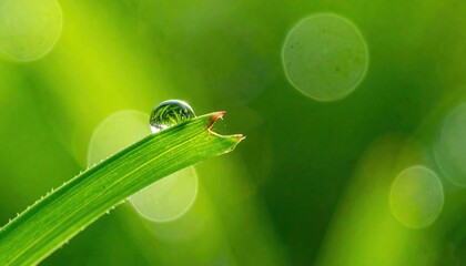 Macro photograph showcasing a water droplet on a vibrant blade of grass in nature