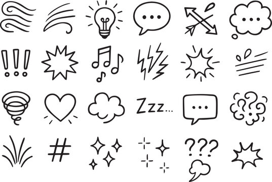 Manga comic expression element set hand drawn emotion and motion doodles with speech bubbles, stars, swirls, lightning bolts and music sound icons for comics and media vector