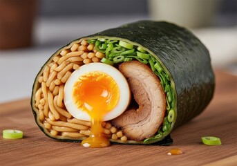 Savory ramen burrito with pork belly, soft boiled egg, and noodles wrapped in nori