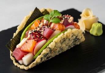 A creative sushi taco filled with fresh salmon, tuna, avocado, and seaweed, presented on a dark slate plate