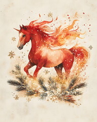 Watercolor illustration of a fiery red horse with flowing mane and tail painted like soft flames, surrounded by snowflakes, pine twigs, and golden stars, in warm festive tones of red, beige, and gold.