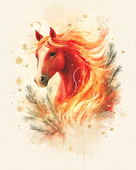 Watercolor illustration of a fiery red horse with flowing mane and tail painted like soft flames, surrounded by snowflakes, pine twigs, and golden stars, in warm festive tones of red, beige, and gold.