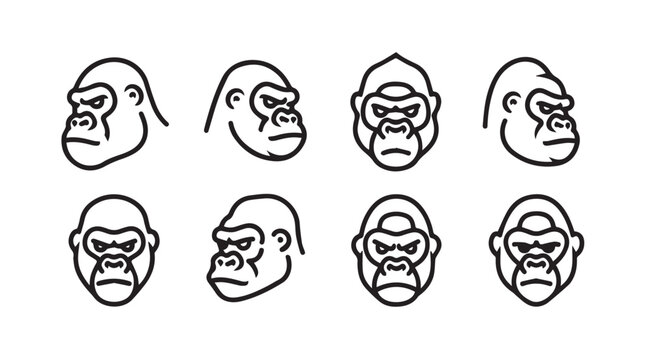 Collection of eight stylized gorilla head outline designs for graphic use vector