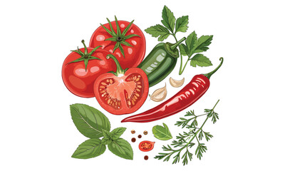 Fototapeta premium Fresh Tomatoes, Green Chillies & Herbs Illustrations – Organic Garden Vegetables