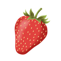 Digital art of a single, vibrant red strawberry with green leaves, detailed seeds, soft lighting, isolated on a white background, cheerful mood.
