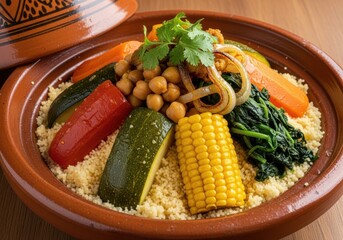 Hearty and colorful couscous dish with a variety of vegetables like zucchini, carrots, corn, spinach, and chickpeas