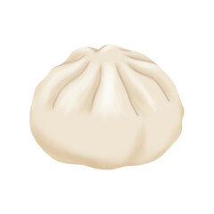 Digital art of a single, steamed, round, white bao bun with pleated top, soft lighting, isolated on a white background, simple, clean, and inviting.
