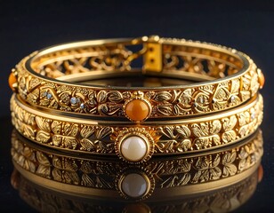 Elegant Gold Bangles with Pearl and Amber Accents on Dark Background.