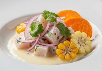 Fresh ceviche with fish, corn, sweet potato, red onion, and cilantro served on a white plate