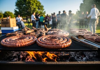 Outdoor barbecue with grilled sausages and meat on a charcoal grill, with people in the background