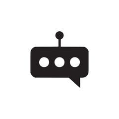 A black and white icon of a robot chat bubble with three dots and an antenna on a white background