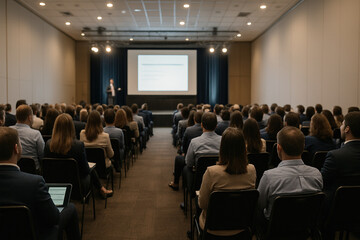 Business Conference Hall Filled With Attendees Listening to Presentation on Stage