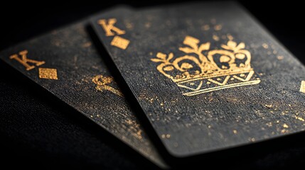 Two playing cards featuring the King of Diamonds, showcase intricate gold detailing and a decorative golden crown on a dark, textured background, creating a dramatic and luxurious visual experience.