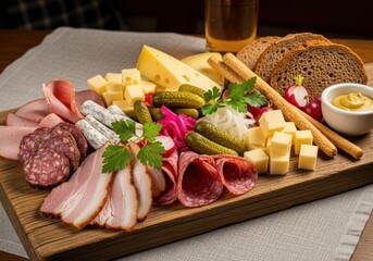 Hearty charcuterie board with assorted meats, cheeses, pickles, bread, and mustard dip, perfect for sharing