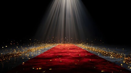 A rich red carpet pathway leads towards a radiant beam of light, illuminating a lavish display of golden confetti, set against a backdrop of deep black, portraying sophistication and elegance.