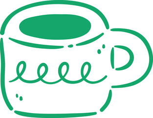 Simple, green, hand drawn illustration of coffee mug with steam rising from it, conveying warm and inviting feeling