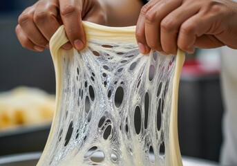 Closeup of hands stretching raw dough, showing its elastic gluten structure, a key step in baking bread or pizza