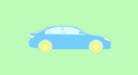 Blue Sedan Car Illustration with Yellow Wheels on Green Background.